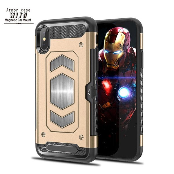 Wholesale iPhone Xs Max Metallic Plate Case Work with Magnetic Holder and Card Slot (Gold)